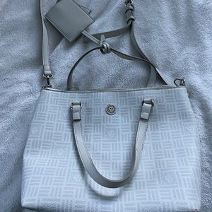 white and gray purse